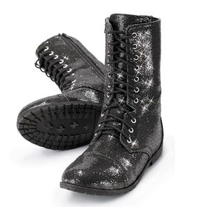 Balera Glitter Combat Boot in Black. Sz 5.